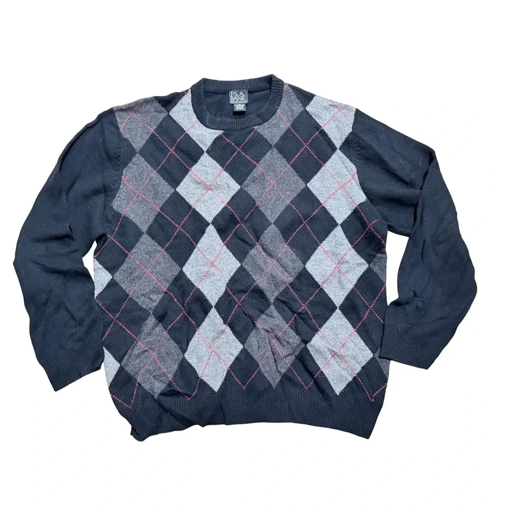 Jos A Bank Argyle Sweater Mens XL Executive Collection Wool Blend Black Gray